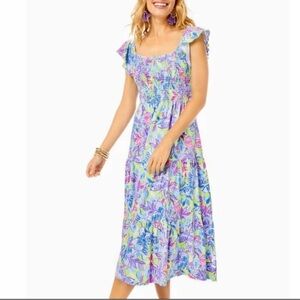 Lilly Pulitzer Jilly Smocked
Midi Dress Ruffle Floral
Printed Resort Size L A31